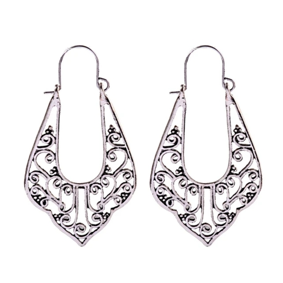 SILVER SCROLL SWIRL DROP ANTIQUE INSPIRED SILVER FILIGREE CUT OUT EARRING - Picture 3 of 5
